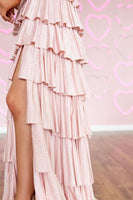 Load image into Gallery viewer, Sparkly Pink Ruffled Off the Shoulder A-Line Long Corset Prom Dress with Beading