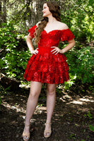 Load image into Gallery viewer, Sparkly Red Off the Shoulder Tulle A-Line Short Corset Prom Dress with Sequins