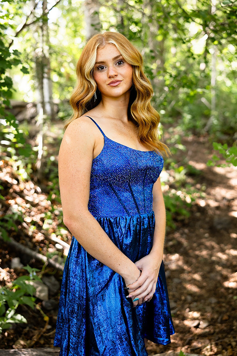 Load image into Gallery viewer, Sparkly Royal Blue A Line Spaghetti Straps Short Corset Prom Dress with Beadings