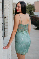 Load image into Gallery viewer, Sparkly Sage Spaghetti Straps Tight Short Corset Prom Dress with Appliques
