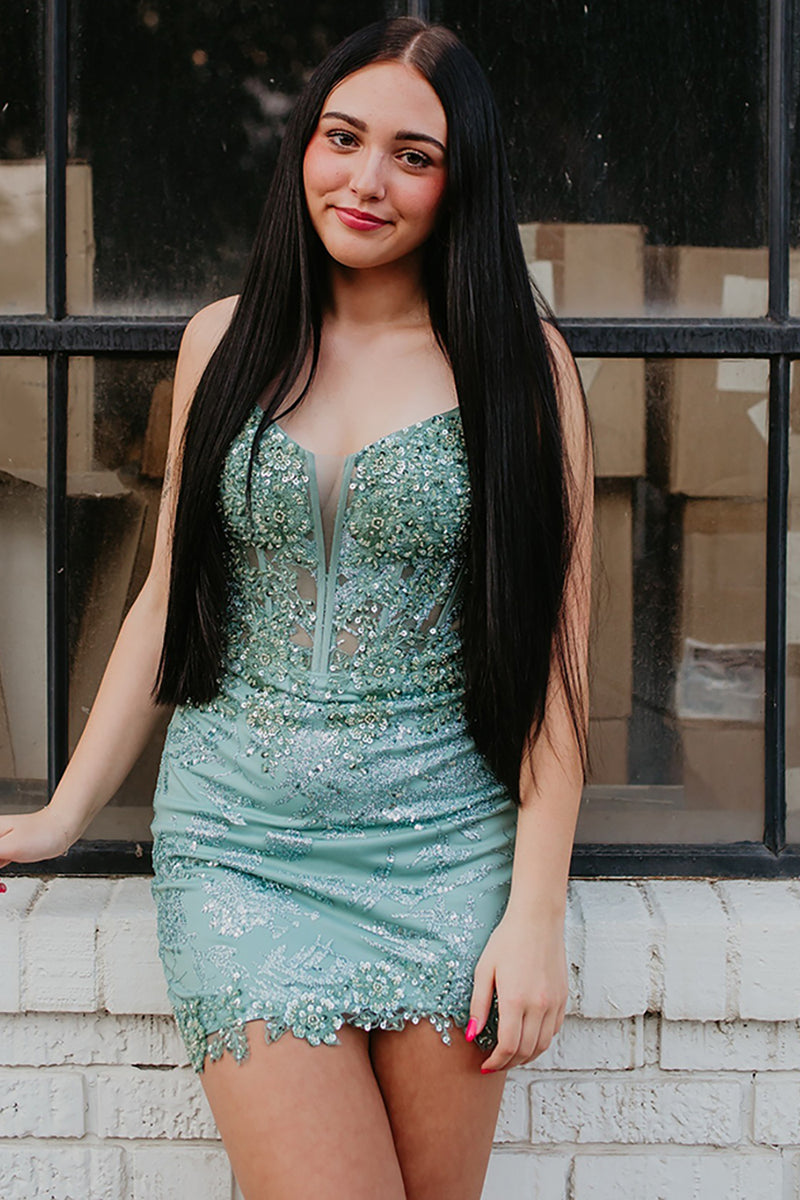 Load image into Gallery viewer, Sparkly Sage Spaghetti Straps Tight Short Corset Prom Dress with Appliques
