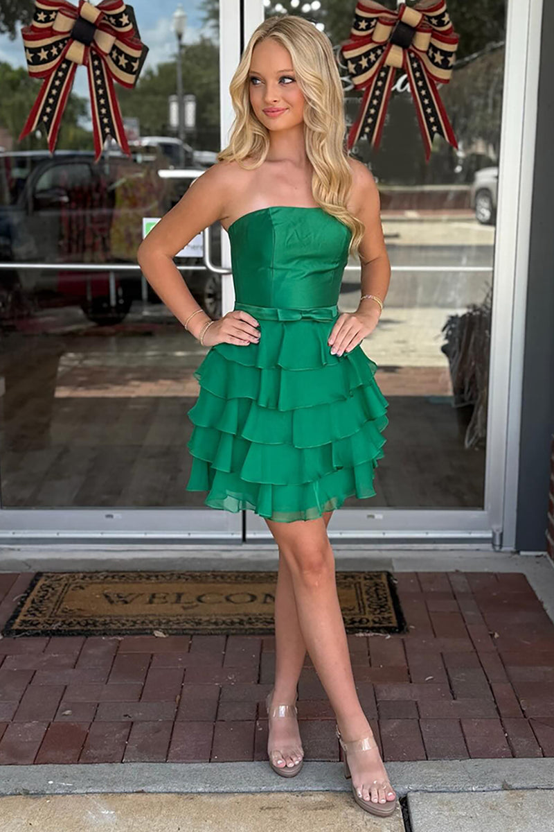 Load image into Gallery viewer, Emerald Green Strapless A-Line Ruffled Short Corset Prom Dress with Bow