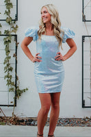 Load image into Gallery viewer, Sparkly Light Blue Square Neck Sequin Puff Sleeves Tight Short Prom Dress