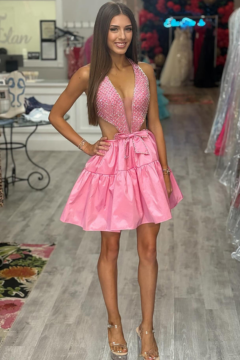 Load image into Gallery viewer, Sparkly Pink Halter Deep V Neck Beaded Short Prom Dress with Bow