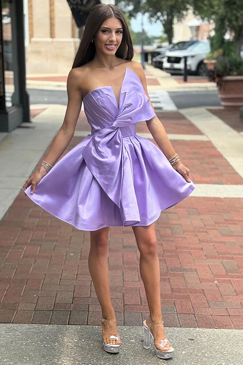 Load image into Gallery viewer, Lilac Satin Strapless A-Line Short Prom Dress with Bow