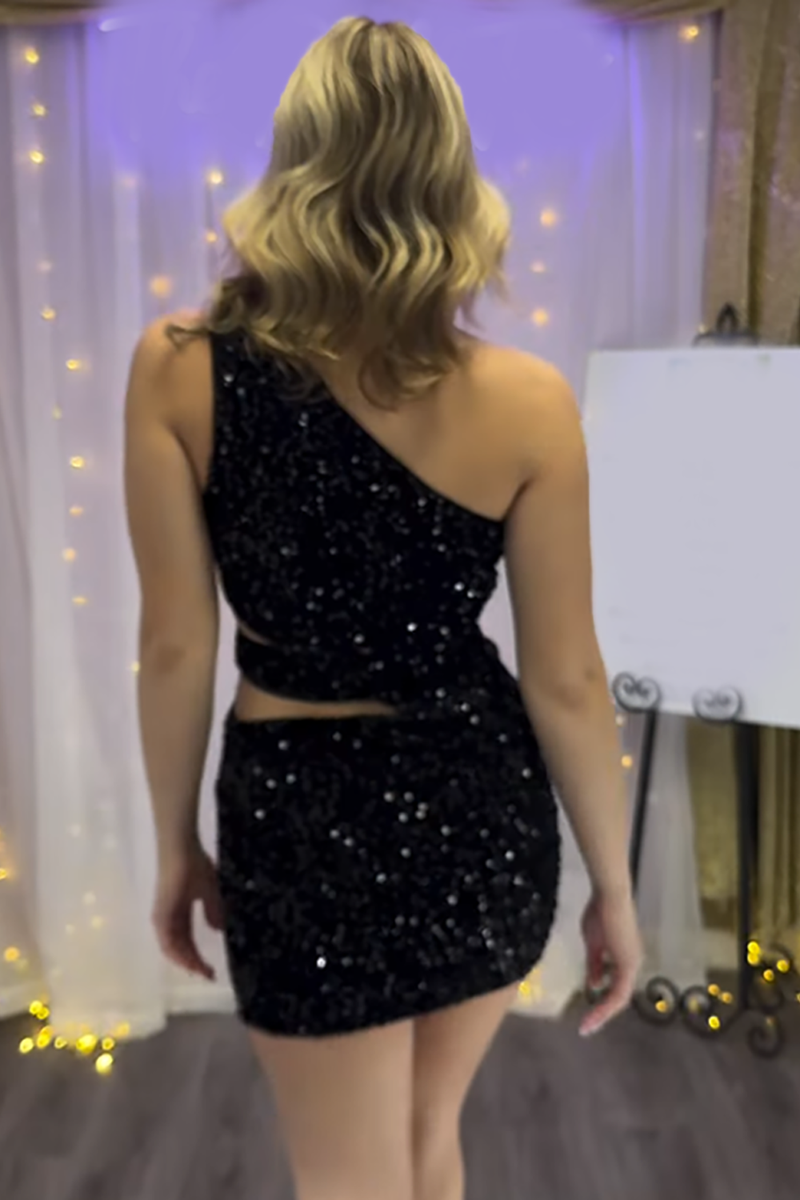 Load image into Gallery viewer, Sparkly Black Sequin One Shoulder Tight Short Prom Dress