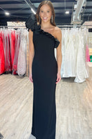 Load image into Gallery viewer, Black Satin One Shoulder Mermaid Long Prom Dress with Ruffles