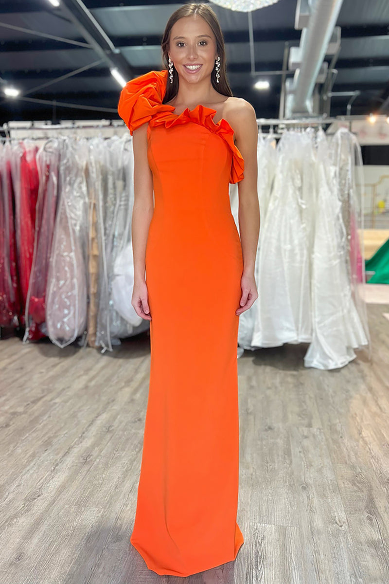 Load image into Gallery viewer, Black Satin One Shoulder Mermaid Long Prom Dress with Ruffles