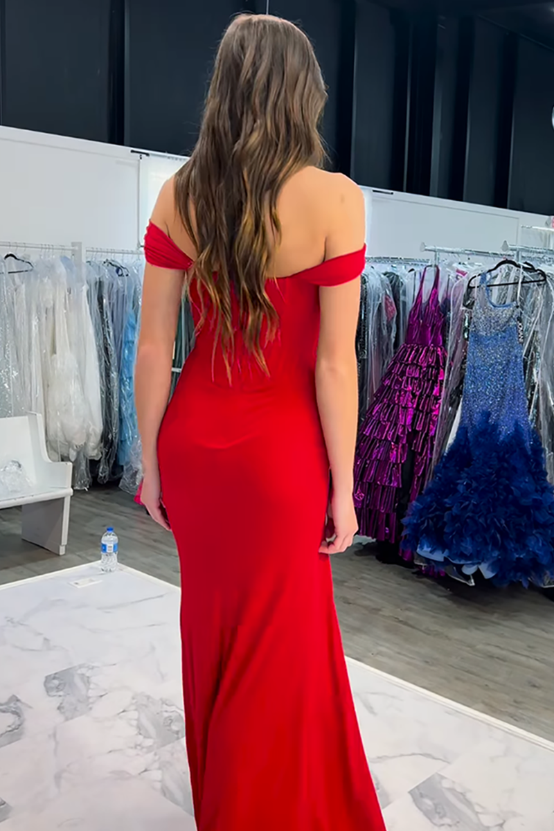 Load image into Gallery viewer, Red Off the Shoulder Satin Mermaid Long Corset Prom Dress with Slit