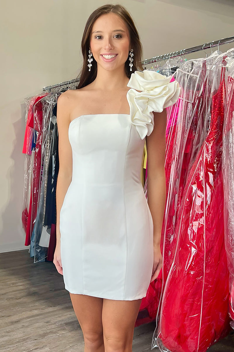 Load image into Gallery viewer, Simple Black Satin One Shoulder Tight Short Prom Dress with 3D Flower