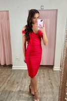 Load image into Gallery viewer, Simple Red Satin Off the Shoulder Midi Tight Prom Dress