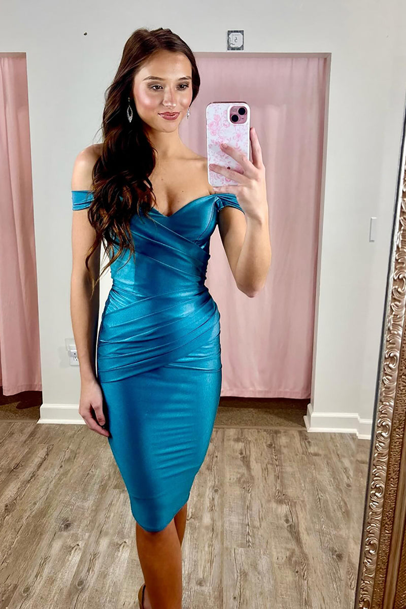 Load image into Gallery viewer, Simple Red Satin Off the Shoulder Midi Tight Prom Dress