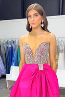 Load image into Gallery viewer, Sparkly Fuchsia Satin A Line V Neck Long Prom Dress with Beading