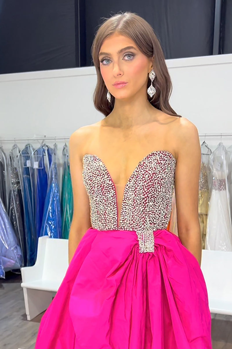 Load image into Gallery viewer, Sparkly Fuchsia Satin A Line V Neck Long Prom Dress with Beading