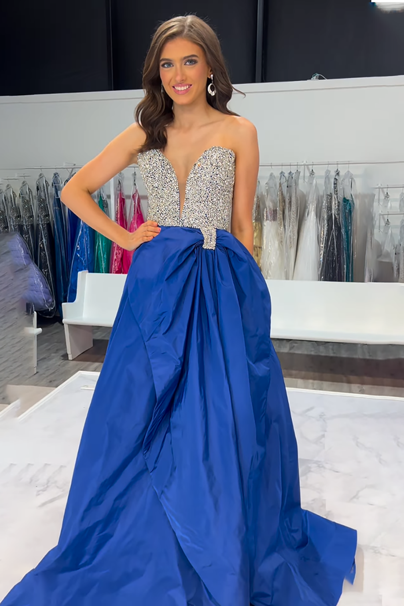 Load image into Gallery viewer, Sparkly Fuchsia Satin A Line V Neck Long Prom Dress with Beading