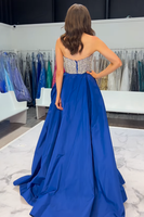 Load image into Gallery viewer, Sparkly Fuchsia Satin A Line V Neck Long Prom Dress with Beading