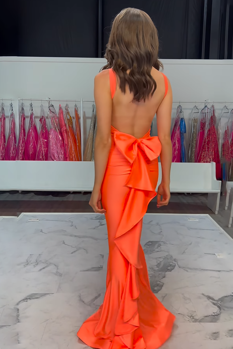 Load image into Gallery viewer, Orange Mermaid V-Neck Satin Long Prom Dress with Bow