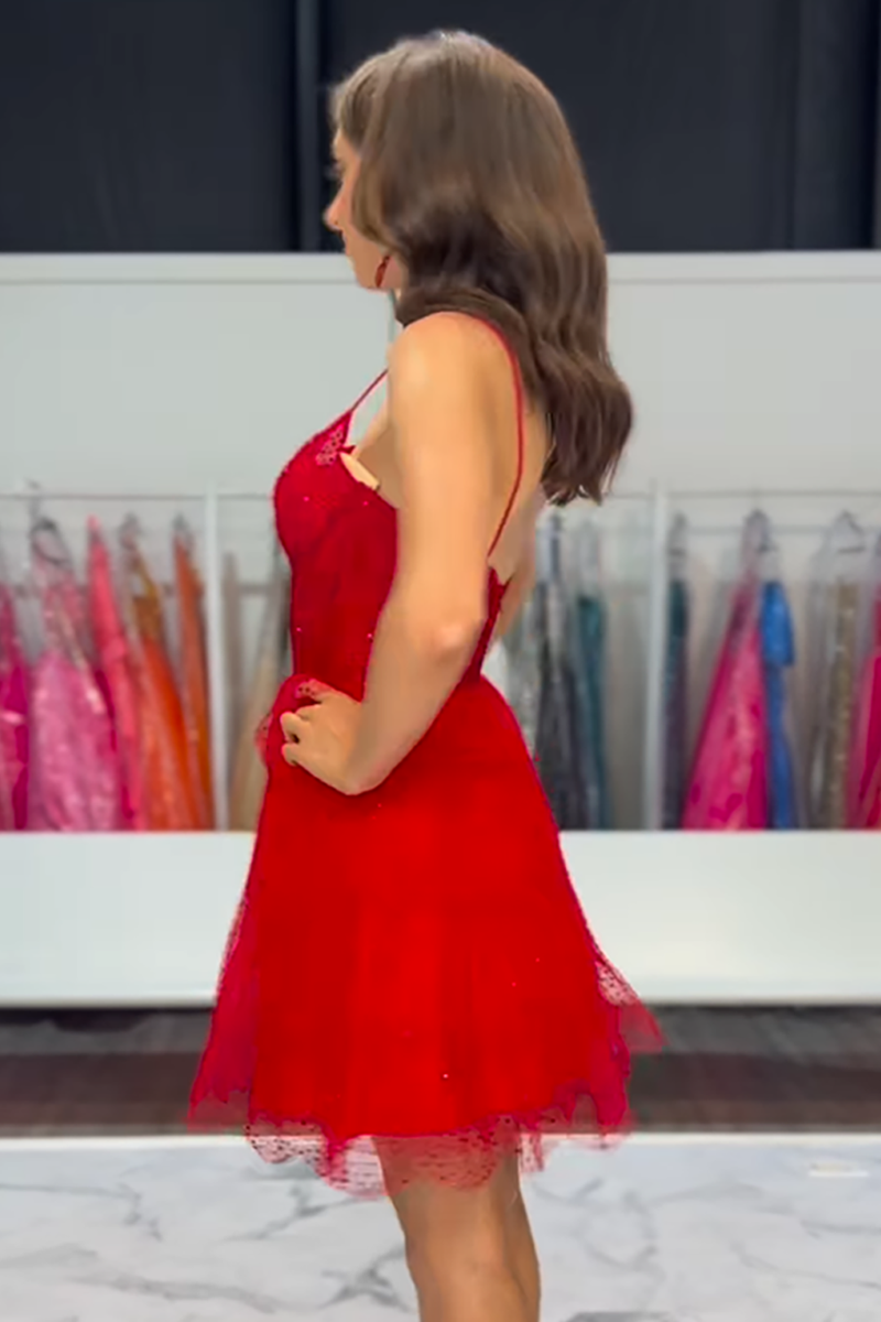 Load image into Gallery viewer, Sparkly Red Spaghetti Straps Tulle A-Line Short Corset Prom Dress with Beading