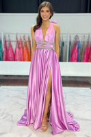Load image into Gallery viewer, Sparkly Lilac A-Line Satin Halter Long Prom Dress with Beading