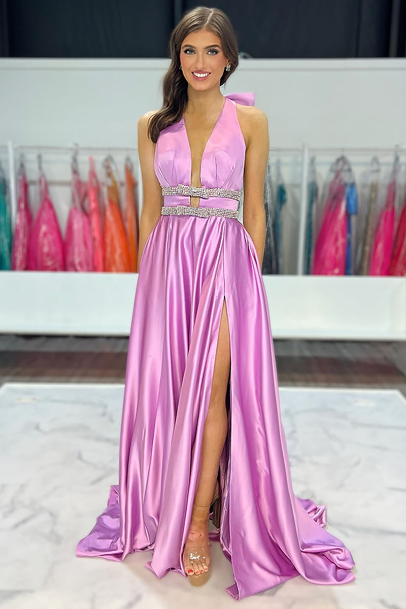 Load image into Gallery viewer, Sparkly Lilac A-Line Satin Halter Long Prom Dress with Beading