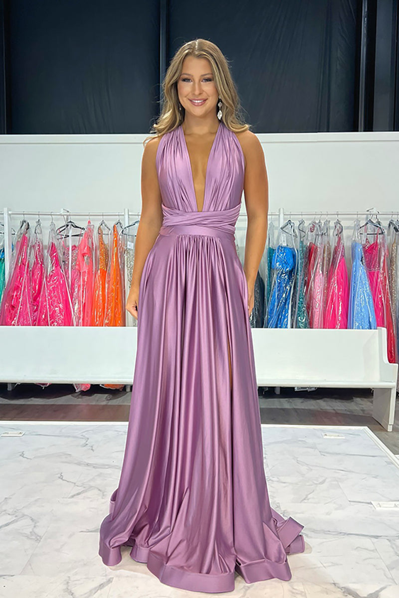 Load image into Gallery viewer, Simple Purple V-Neck Satin A-Line Long Prom Dress