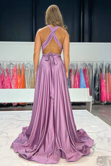 Simple Purple V-Neck Satin A-Line Long Prom Dress