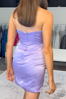 Sparkly Lilac Strapless Satin Tight Short Prom Dress with Bow