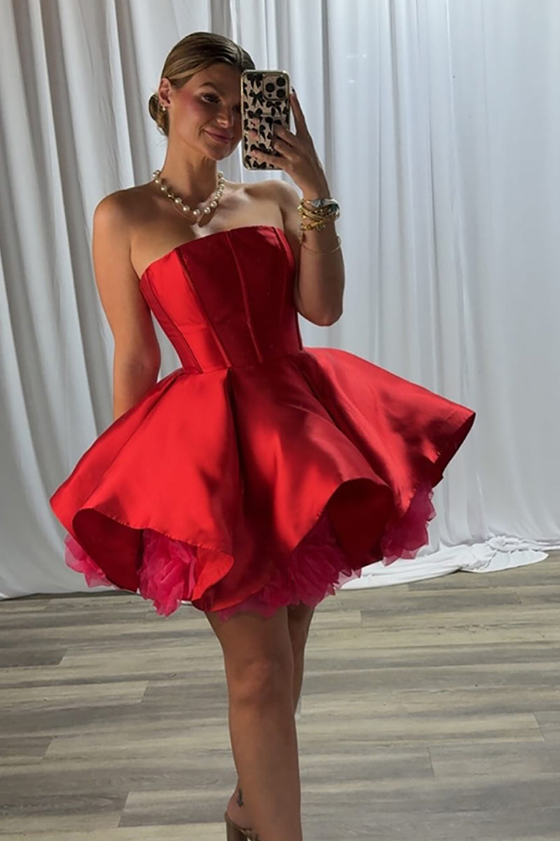 Load image into Gallery viewer, Simple Red Strapless Satin A-Line Short Corset Prom Dress