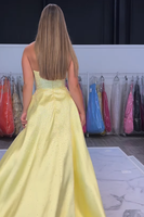 Load image into Gallery viewer, Sparkly Yellow A-Line Strapless Satin Long Prom Dress with Beading