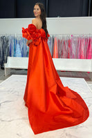Load image into Gallery viewer, Red Satin Strapless Detachable Cape Long Prom Dress with 3D Flowers