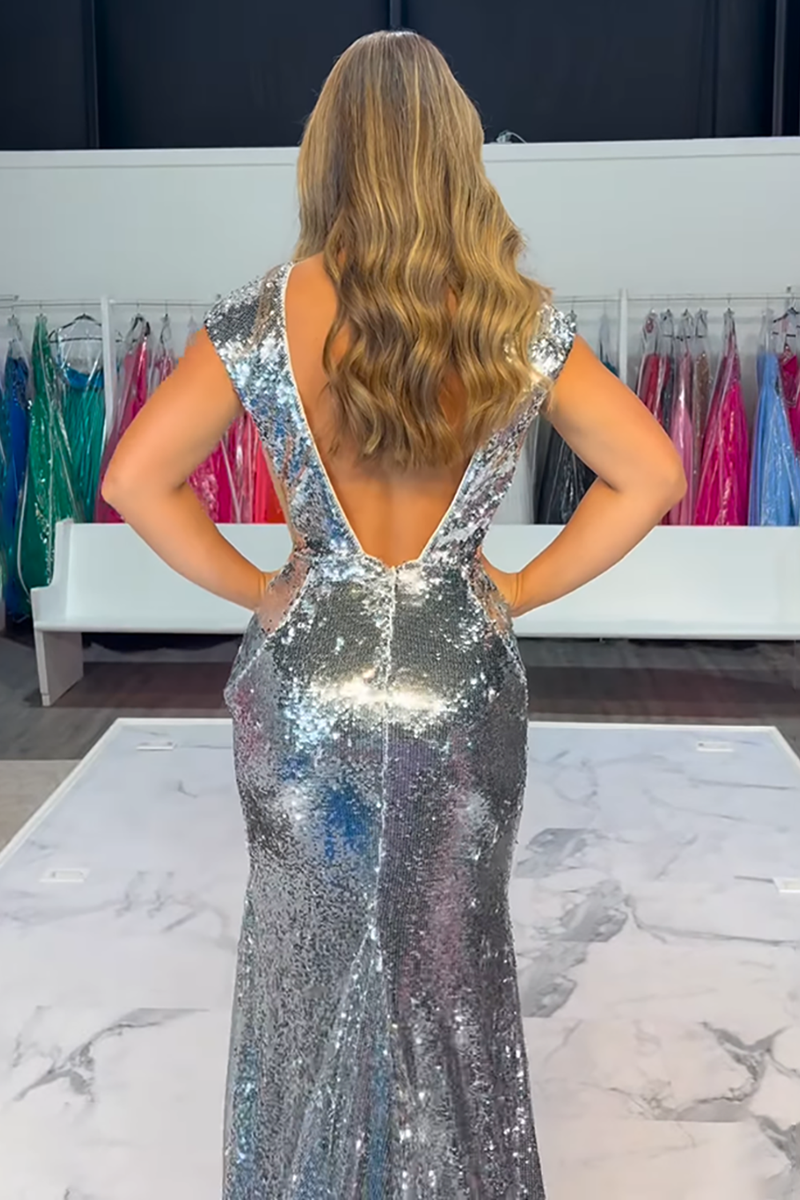 Load image into Gallery viewer, Sparkly Gold Mermaid V-Neck Sequin Cap Sleeves Long Prom Dress