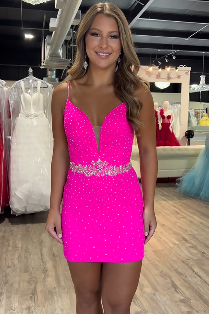 Load image into Gallery viewer, Sparkly Fuchsia Spaghetti Straps Tight Short Beaded Prom Dress