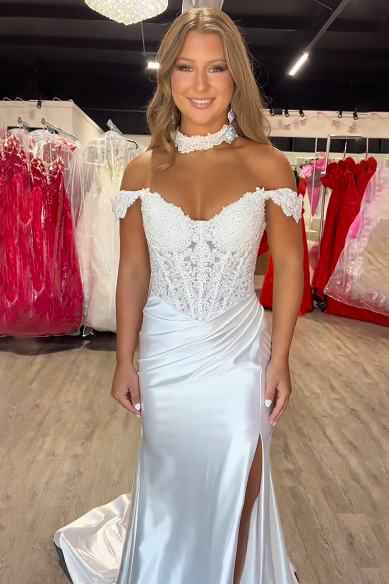 Load image into Gallery viewer, White Off the Shoulder Detachable Cape Satin Mermaid Long Prom Dress with Slit