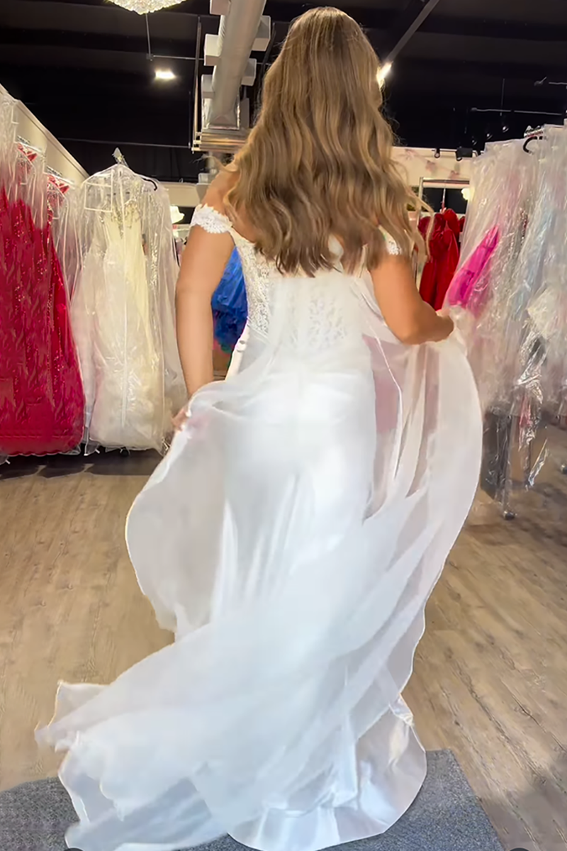 Load image into Gallery viewer, White Off the Shoulder Detachable Cape Satin Mermaid Long Prom Dress with Slit