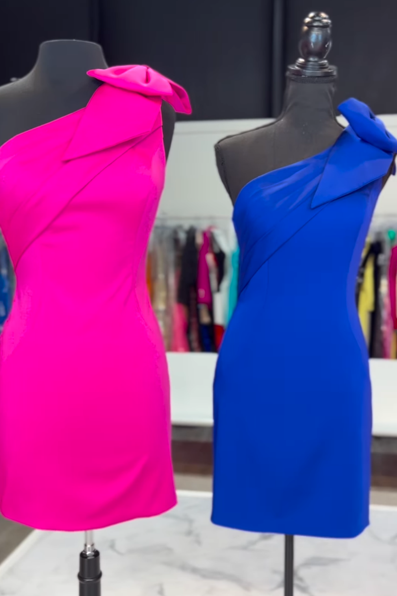 Load image into Gallery viewer, Fuchsia Satin One Shoulder Tight Short Prom Dress with Bow