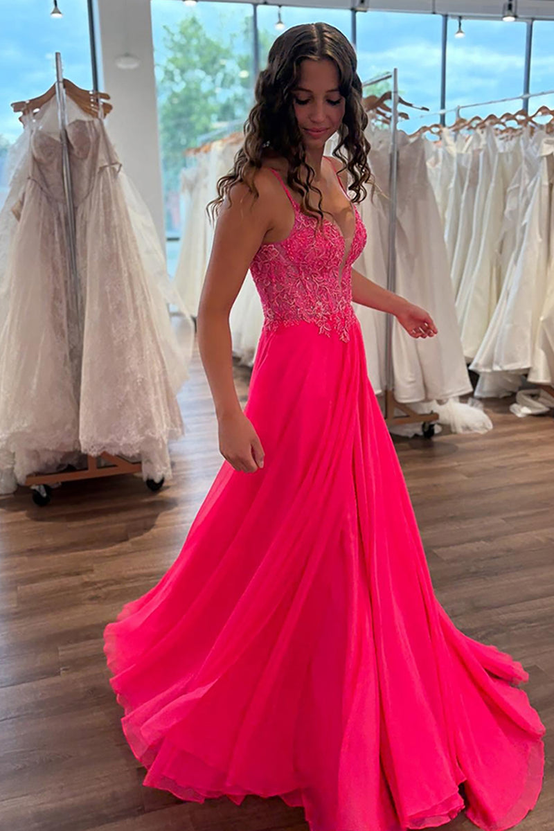 Load image into Gallery viewer, Coral Spaghetti Straps Chiffon A-Line Corset Long Prom Dress with Appliques