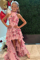 Load image into Gallery viewer, Pink Floral A-Line High Neck Ruffled High Low Prom Dress with 3D Flower