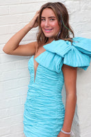 Load image into Gallery viewer, Blue Ruched One Shoulder Tight Short Prom Dress with Bow