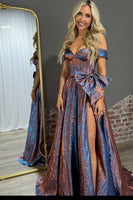 Load image into Gallery viewer, Sparkly Blue Metallic Off the Shoulder A-Line Long Corset Prom Dress with Bow