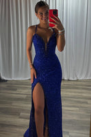 Load image into Gallery viewer, Sparkly Royal Blue Mermaid Spaghetti Straps Long Prom Dress with Slit
