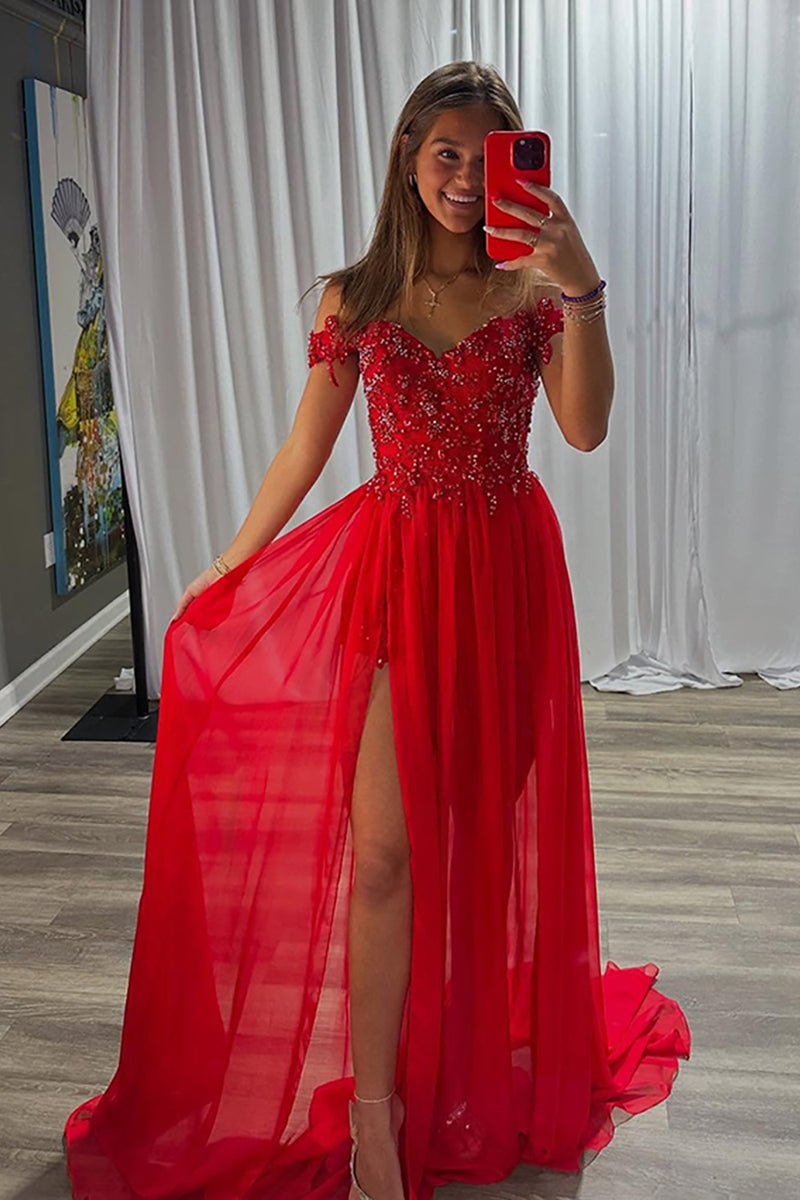 Load image into Gallery viewer, Sparkly Red A-Line Off the Shoulder Chiffon Long Prom Dress with Beading
