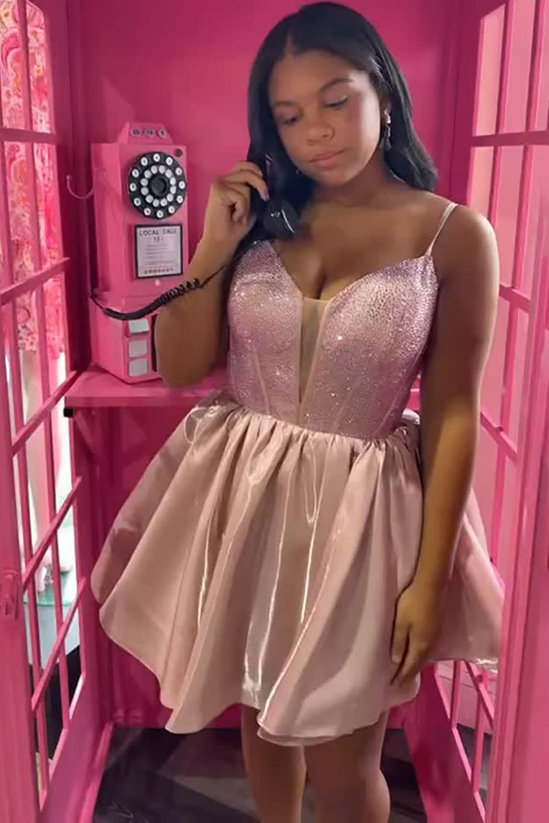 Load image into Gallery viewer, Sparkly Champagne Spaghetti Straps Corset A-Line Short Prom Dress with Beading