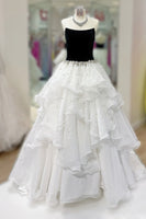 Load image into Gallery viewer, Black and White Strapless Beaded A Line Long Formal Dress with Ruffles