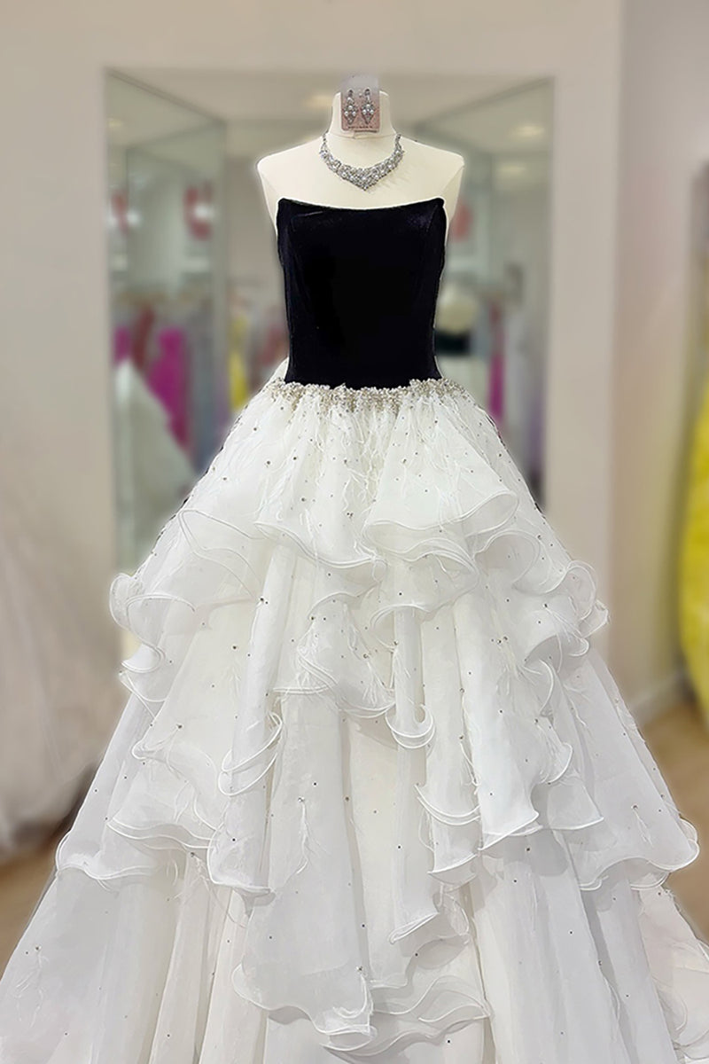 Load image into Gallery viewer, Black and White Strapless Beaded A Line Long Formal Dress with Ruffles