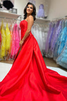 Load image into Gallery viewer, Red Satin A-Line Strapless Long Corset Prom Dress with Cape