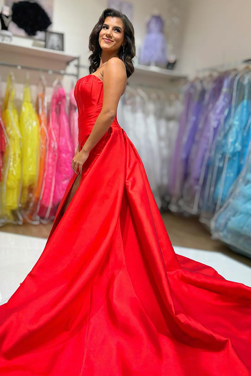 Load image into Gallery viewer, Red Satin A-Line Strapless Long Corset Prom Dress with Cape