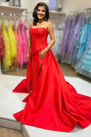 Load image into Gallery viewer, Red Satin A-Line Strapless Long Corset Prom Dress with Cape