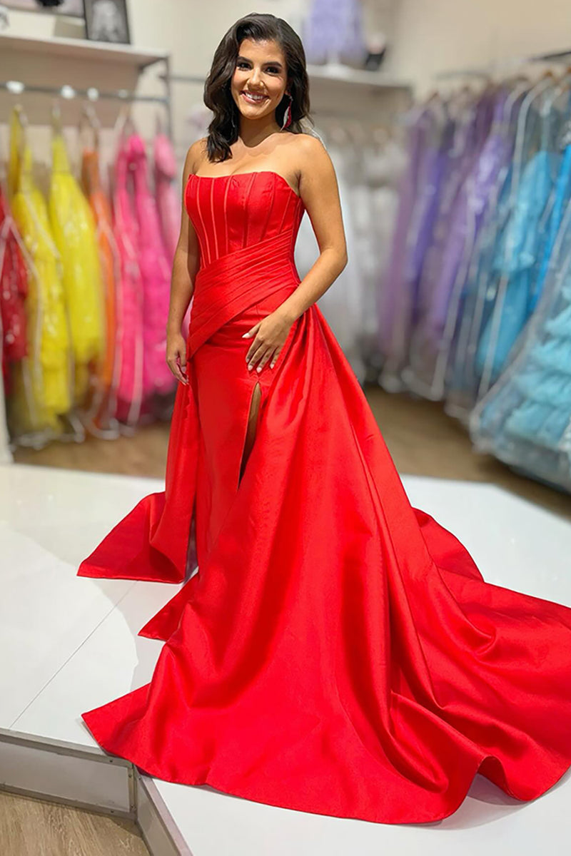 Load image into Gallery viewer, Red Satin A-Line Strapless Long Corset Prom Dress with Cape