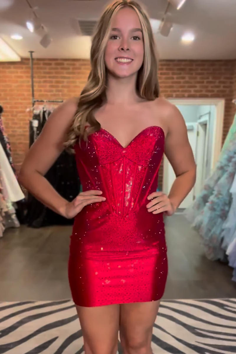 Load image into Gallery viewer, Sparkly Red Sweetheart Satin Tight Short Corset Prom Dress with Beading