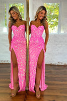 Load image into Gallery viewer, Sparkly Fuchsia Strapless Sequins Long Corset Prom Dress with Slit